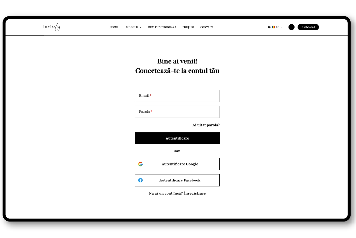 Creare cont și autentificare in platforma Invitify