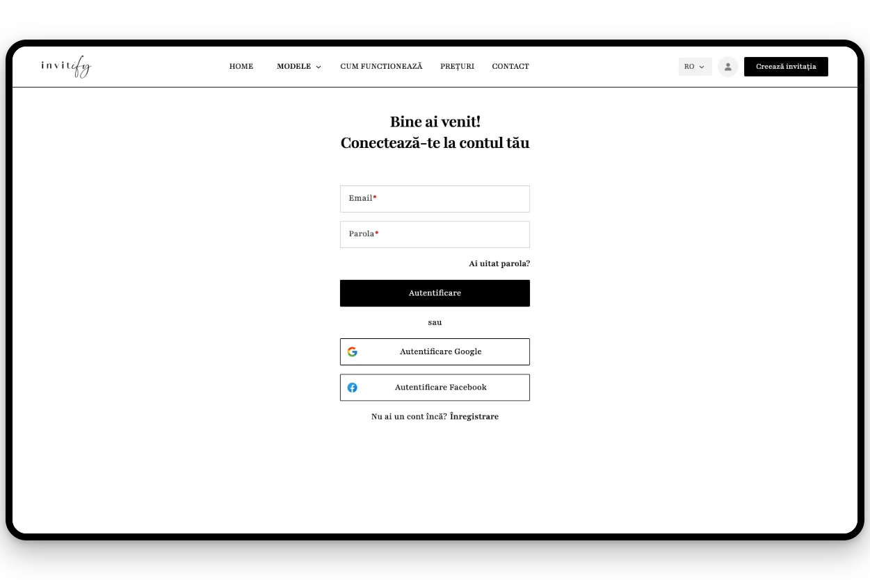 Creare cont și autentificare Creare cont și autentificare in platforma Invitify